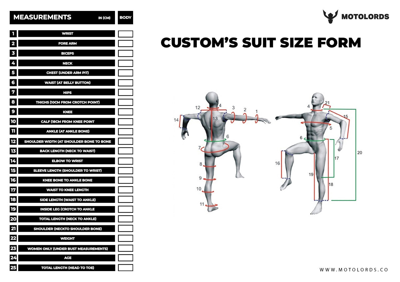 Custom size chart for motolords racing suit