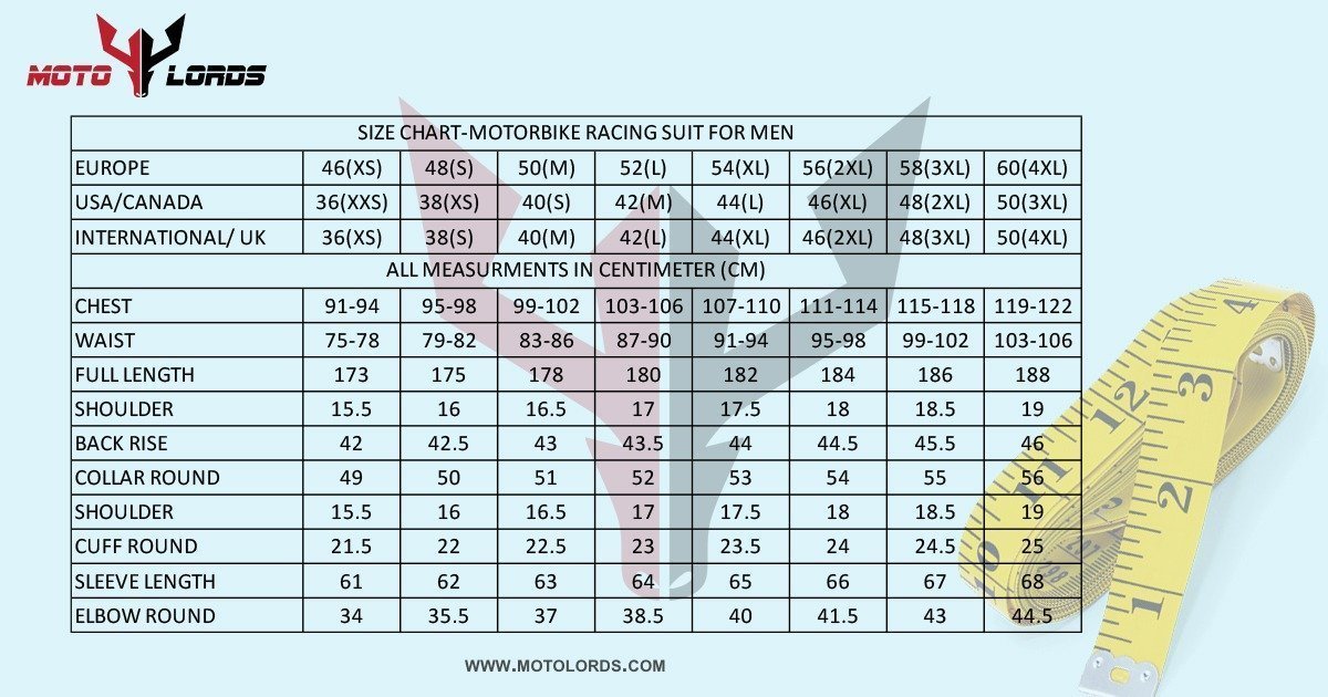 SIZE CHART-MOTORBIKE RACING SUIT FOR MEN