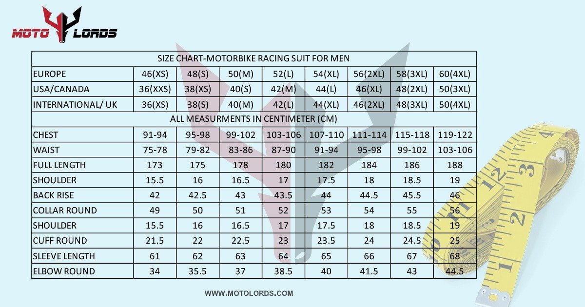 Men Size chart of motolords racing suit