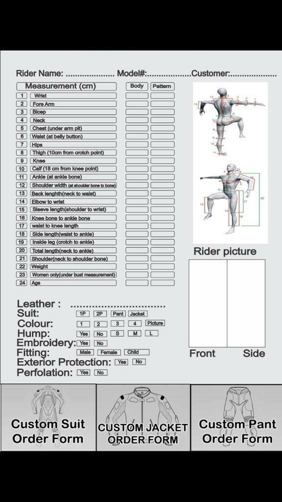 customize size CHART of SUIT